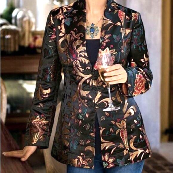 Soft Surroundings Moon Dynasty Dressy Jacket Blazer Size M Black Multi Brocade - Picture 2 of 10